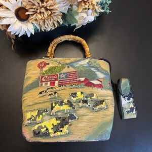Vintage Y2k 90s Snap Bucket Handbag Sequin Sparkly Countryside Barn Cows Western